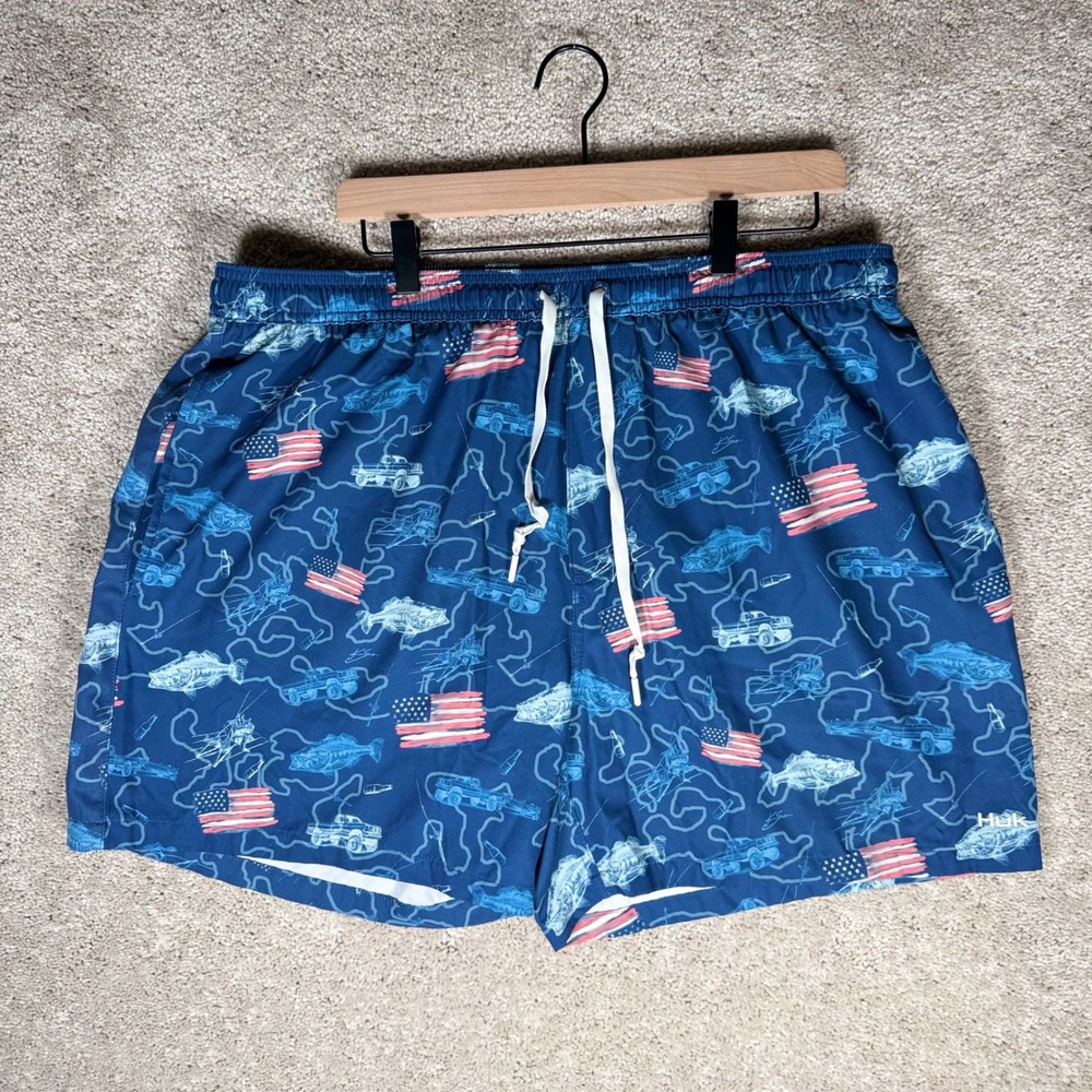 Huk Men's XXL Blue Fishing Swim Trunks American Flag Bass Truck Print